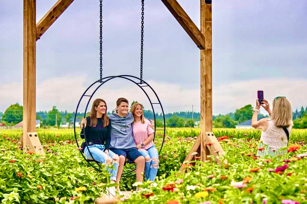 People sitting on a swing in a field of flowers with another person taking a photo.